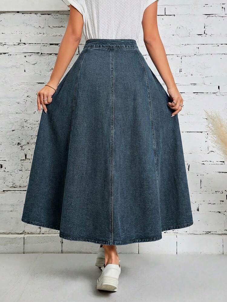 EURMUSE Jupe midi en jean casual à taille haute et boutons pour femmes - Jean clair - Voir 2