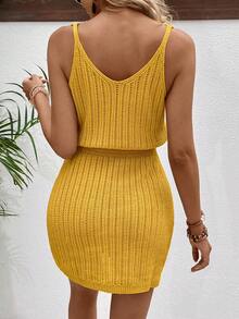 EMERY ROSE Fashionable Versatile Hollow Crochet V-Neck Women Sweater Dress - Mustard Yellow - View 2