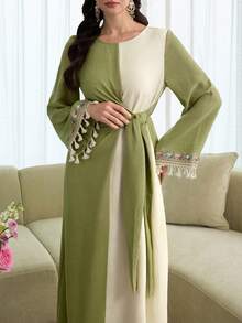 Yasmyna 女士春夏绿色拼接杏色长袖打结刺绣流苏下摆优雅休闲腰带A字阿拉伯连衣裙 - 彩色 - 查看 4