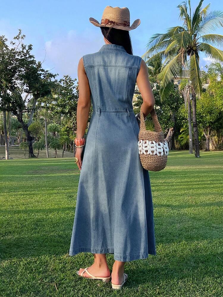 Women's Casual Washed Pocket Lapel Sleeveless Denim Dress, Summer Dress