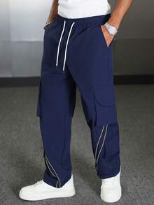 PAVTROS Men's Straight Leg Pants, Street Style With Side Rope Decor And Practical Pockets, Suitable For Ins, Streetwear, Hiphop, Navy Blue Fabric, Suitable For All Seasons And Daily Wear, Great Gift For Boyfriend/Husband, Y2K - Navy Blue - View 4