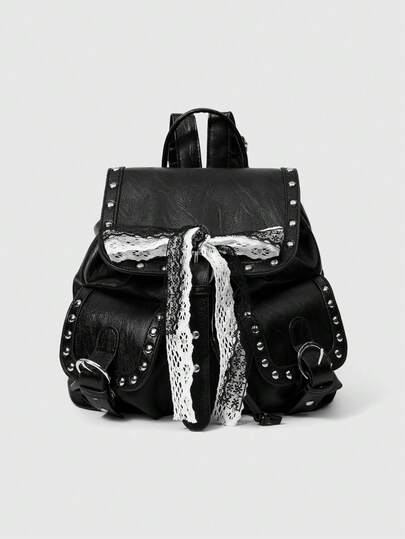 ROMWE Grunge Punk 时尚纯色铆钉朋克风多口袋翻盖单肩PU女士背包