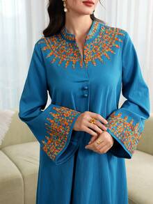 Al Najma Elegant V-Neck Front Button Embroidered Dress - Blue - View 2