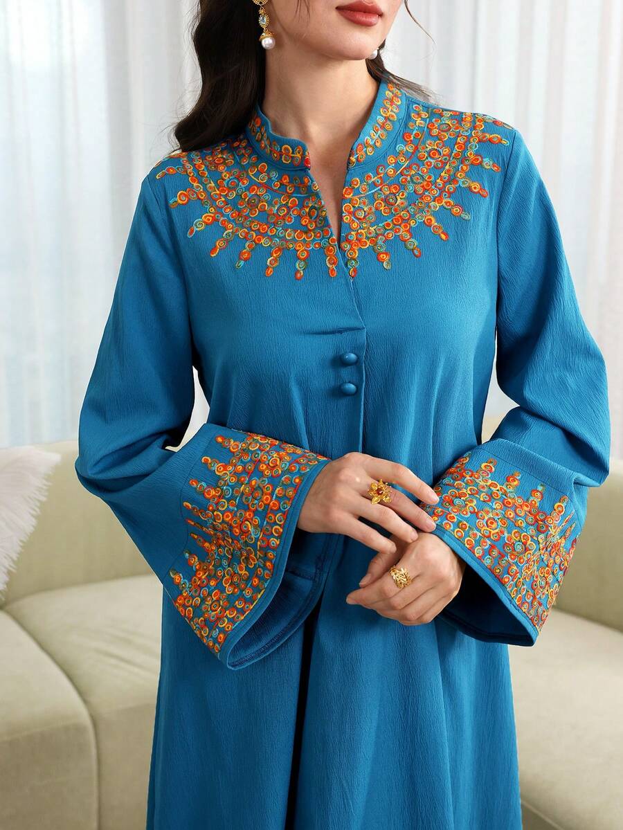 Al Najma Elegant V-Neck Front Button Embroidered Dress