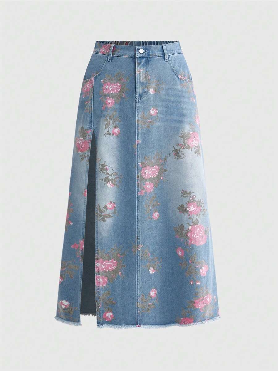 ROMWE Fairycore Váy denim dáng ôm xẻ tà dành cho nữ, in họa tiết hoa cổ điển, đã qua xử lý, cỡ lớn. - Màu xanh lam - Xem 1