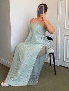 Napfluff CURVE Vacation Style Lace Embroidery Camisole Maxi Nightgown - Green - View 5