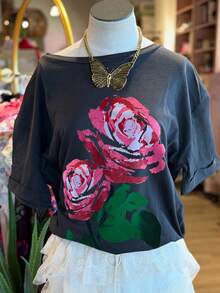 DrmWander 女士T恤，休闲街头风印花短袖T恤，可爱夏季上衣 - 深灰色 - 查看 3