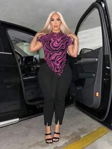 SHEIN SXY Twisted Pattern Sheer Summer Short Sleeve Asymmetrical Hem Blouse - Hot Pink - View 4