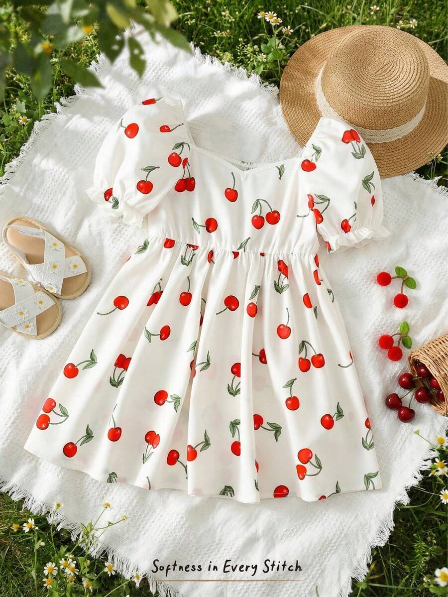 Cozy Pixies Young Girl Sweet Cherry Print Round Neck Puff Sleeve Waist Flare V-Neck Dress - Red and White - View 1