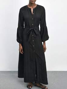 Maija 女士长款衬衫裙，配腰带 - 黑色 - 查看 7