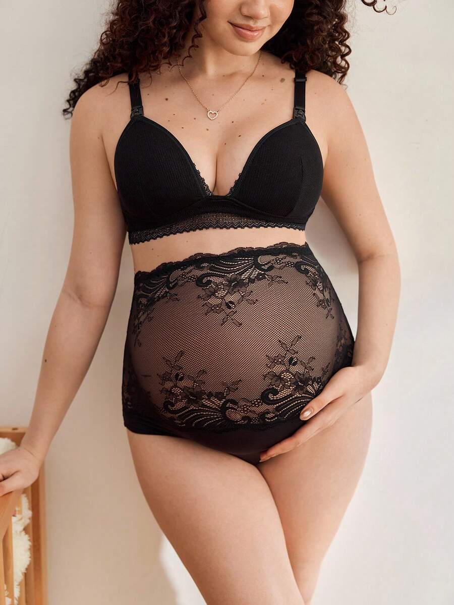 SHEIN 1pc Black Lace High Waist Maternity Underwear Panty - Black - View 1