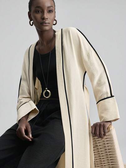 Ontre 2026 Spring/Summer New Women's Thin Blazer Jacket, Apricot Color Regular Fit Comfortable Stretchy Fabric Long Sleeve Belted Loose Silhouette, Modern Urban Chic Business Casual Office Wear, Suitable For Vacation, School, Tea Party, High-Quality Contrast Color Design, Woven Fabric Long Sleeve Versatile Women's Thin Blazer