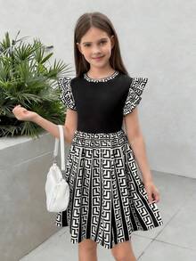 Firerie Kids Svart kontrasterande klänning med volangkant och stickad A-linjeform för flickor, åtsittande i midjan, prinsessmodell, avslappnad och trendig för vardagsbruk - Svart - Visa 5