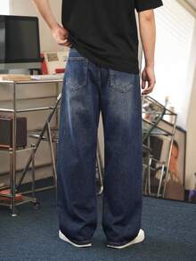 Manfinity LEGND Men's Washed Oblique Placket Loose Straight Leg Jeans - Blue - View 8