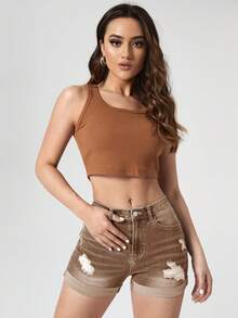 Jeanoix Women's Casual Fashion Ripped Cuffed Hem Denim Shorts, Suitable For Daily Commute In Summer - Brown - View 4