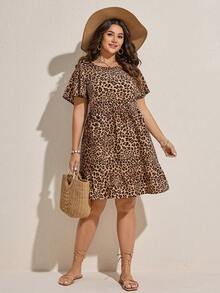 Comfylo Plus Size Leopard Print Round Neck Casual Short Sleeve Dress - Multicolor - View 5