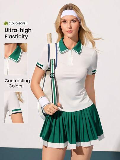 CourtClass Lässiges Kontrast-Farbblock Kurzarm Slim Fit Knopf-Polo-Shirt