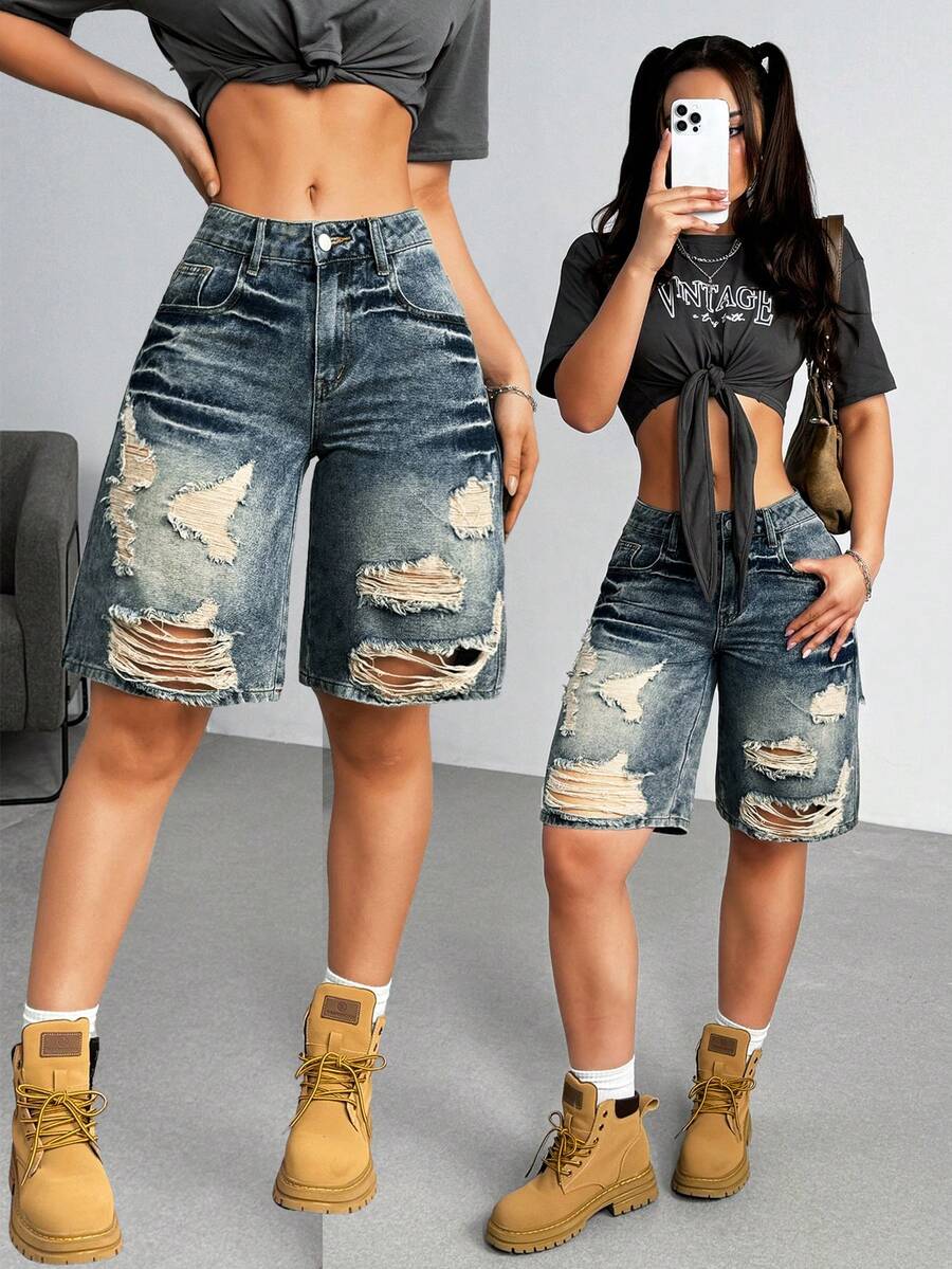 Shorts vaqueros desgastados y lavados de mujer, de verano - Neblina azul - Ver 1