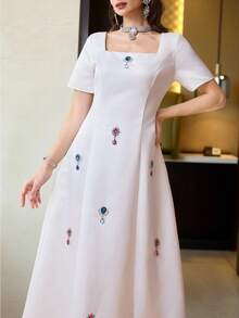 Modelyn Women's Elegant White Summer Rhinestone Square Neck Short Sleeve Dress,Sparkly Colored Birthday Party,Wedding Guest & Bridesmaid Dresses - White - View 5