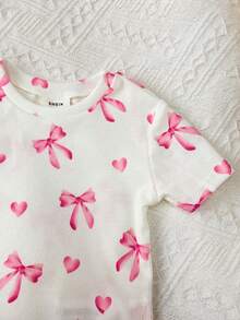 SHEIN 女婴可爱夏季紧身针织卡通图案短袖睡衣套装 - 粉色 - 查看 7