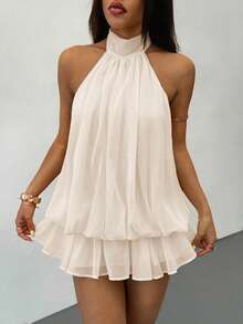 SHEIN PETITE Đầm ngắn không tay, cổ buộc dây, màu vàng nhạt thanh lịch, thích hợp cho tiệc tùng, hẹn hò, mùa thu/đông và xuân/hè. - Màu be - Xem 5