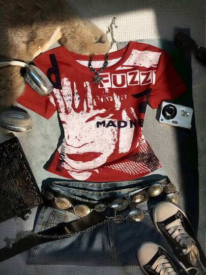 Glimmora Women's Letter & Figure Print Round Neck Short Sleeve Casual Versatile T-Shirt