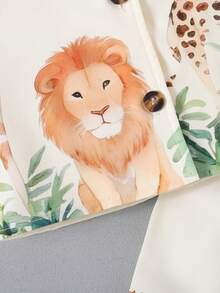 SHEIN Souflis 幼儿男童趣味野生动物印花短袖衬衫短裤套装，春夏度假休闲装 - 杏色 - 查看 5