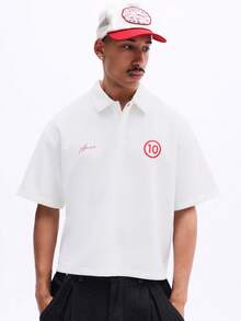 SUMWON Men's Boxy Fit Collared Polo Shirt With Embroidered Logo Chest Print Short Sleeve Casual Summer Top - Apricot - View 1
