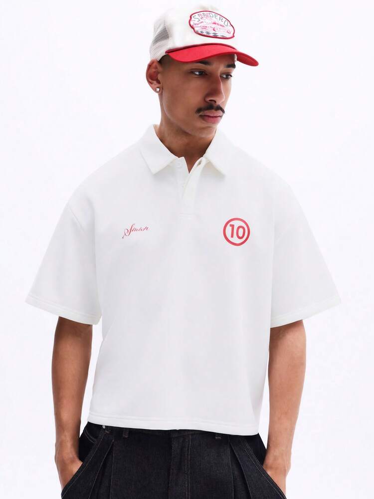 Men's Boxy Fit Collared Polo Shirt With Embroidered Logo Chest Print Short Sleeve Casual Summer Top