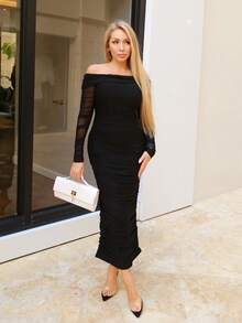 Cioccolato Spring And Summer Off-Shoulder Ruffled Mesh Sexy Tight Date Long-Sleeved Dress,Summer Dresses For Women - Black - View 6