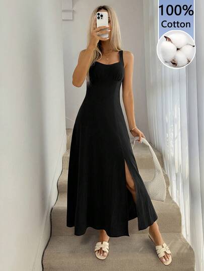 Easowa 100% Cotton Spaghetti Strap Front-Slit Elegant Summer Maxi Dress For Women Women's Casual Vacation & Commute Solid Color High Slit Hem Camisole Dress, Minimalist & Versatile Summer Dresses Black Dress Casual Long Dress Holiday Outfits For Women