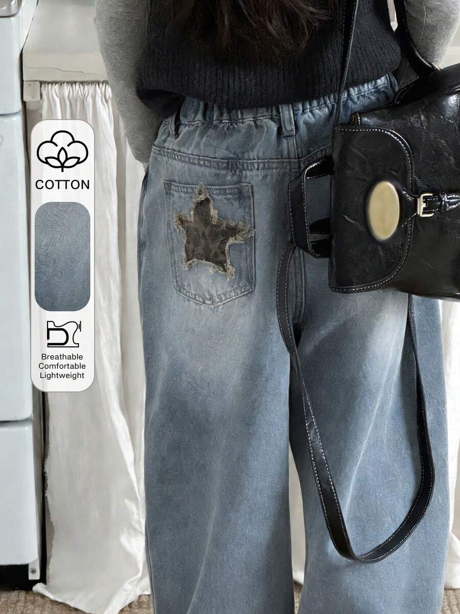 DAZY Tween Girls' Casual Fashionable Street Style Leopard Print & Star Patchwork Frayed Hem Loose Wide Leg Jeans, Suitable For Daily Commute - Blue - View 1
