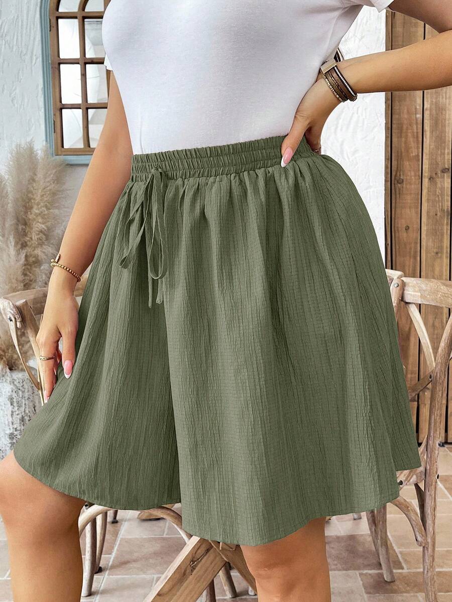 SHEIN LUNE Quần short ống rộng buộc dây màu trơn cỡ lớn dành cho nữ, thích hợp cho mùa xuân/hè. - Fresh Green - Xem 1