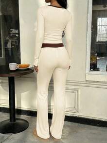 MainGRL 2pcs/Set Women's Casual Cream Yellow Contrast Brown Deep V-Neck Long Sleeve T-Shirt And Drawstring Waist Flare Pants Suit, Spring/Summer - Yellow - View 2