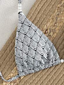 Swim Vcay Bộ bikini tam giác cổ yếm bằng vải dệt họa tiết, trang trí ngọc trai, dành cho nữ, mùa hè. - Đen và trắng - Xem 5