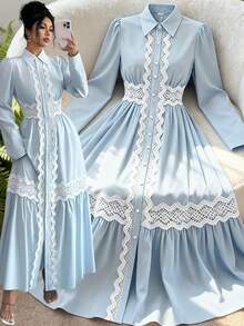 Elenzga 女士春夏时尚浅蓝色衬衫领灯笼袖蕾丝拼接及踝喇叭连衣裙，适合日常穿着、婚礼、晚宴、通勤、毕业派对、节日、假期、约会、聚会、万圣节、圣诞节、新年、感恩节、婚礼等场合。 - 藍色 - 查看 1