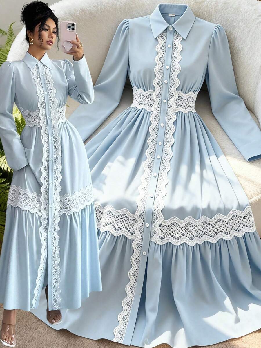 Elenzga 女士春夏时尚浅蓝色衬衫领灯笼袖蕾丝拼接及踝喇叭连衣裙，适合日常穿着、婚礼、晚宴、通勤、毕业派对、节日、假期、约会、聚会、万圣节、圣诞节、新年、感恩节、婚礼等场合。 - 藍色 - 查看 1