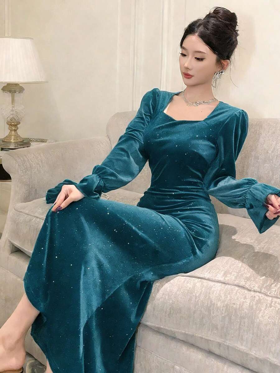 DAZY Robe mi-longue à manches longues avec patchwork de sequins pour femmes - lac bleu - Voir 1