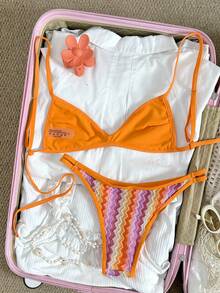SHEIN Swim Mod Spring/Summer Knit Jacquard Wireless Camisole Top And Swim Shorts Women's Beach Holiday Travel Bikini Set Seashell Bathing Suit Boho Bikini Set - Orange - View 2