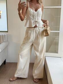 Livesso 春夏宽松休闲系带无袖背心褶皱荷叶边拼接套装休闲裤两件套，女士休闲度假海滩风 - 杏色 - 查看 8