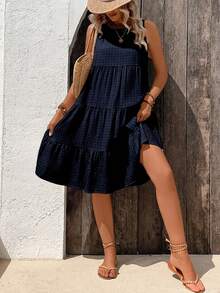 Breezaya 女士夏季纯色宽松休闲连衣裙，圆领，无袖，荷叶边下摆，适合度假海滩穿着。女士度假连衣裙，夏季连衣裙，夏季休闲连衣裙，休闲吊带裙，低腰连衣裙，无袖夏季连衣裙，带口袋的夏季连衣裙，蓝色夏季连衣裙，女士XS码连衣裙，女士连衣裙，Zanzea连衣裙，女士Wow连衣裙，女士夏季连衣裙，女士休闲夏季连衣裙，度假装，女士度假连衣裙，深蓝色层叠连衣裙 - 藏蓝色 - 查看 4