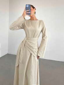 Siren Gaze Đầm nữ cổ tròn tay dài màu trơn thắt nút bên hông thanh lịch - Màu be - Xem 1
