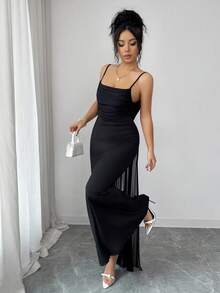 SHEIN Raffinéa Women's Plunging Neckline Spaghetti Strap Backless Fitted Elegant Dress - Black - View 7