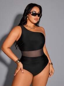 Shapewave Plus Size Women Solid Color Contrast Mesh One-Piece Swimsuit, Fashionable For Vacation - Black - View 5