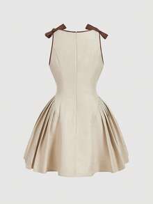 SHEIN MOD Plus Size Khaki Round Neck, Contrast Color Bow Decor Shoulder, Short Dress, Minimalist Commuter Dress For Spring/Summer, Elegant Girlish Style - Apricot - View 3