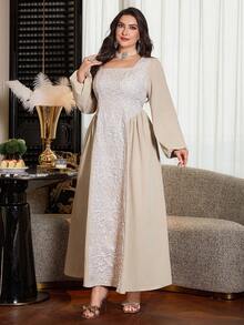 Modelyn Khaki Jacquard Patchwork Chiffon Elegant Fashion Aristocratic Romantic Beautiful Generous Goddess Long Sleeve Flared High-End Design Plus Size Women Dress - Khaki - View 4