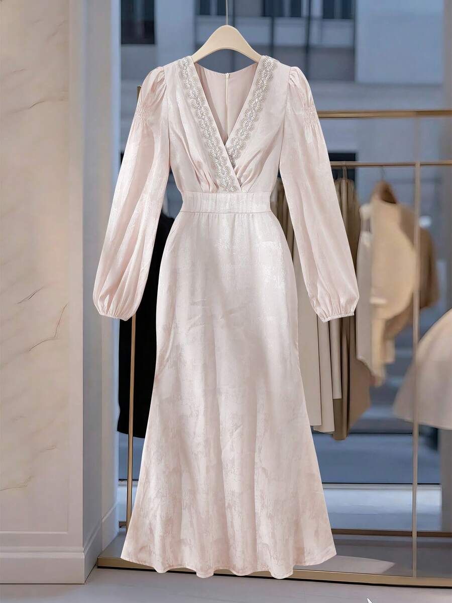 DAZY 女士优雅串珠V领泡泡袖长连衣裙，春夏婚礼宾客礼服/吊带裙 - 杏色 - 查看 1