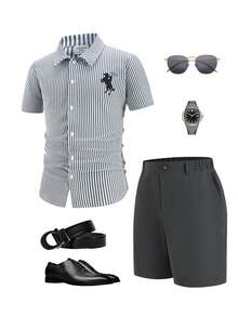 SHEIN Teen Boys Gentleman Outfit - Striped Short Sleeve Shirt And Shorts Set - Multicolor - View 5