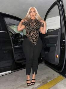 SHEIN SXY Twisted Pattern Sheer Summer Short Sleeve Top - Khaki - View 4