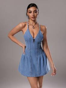 TRNVIE 女士性感露背吊带牛仔连衣裙，夏季 - 淺色水洗藍 - 查看 4